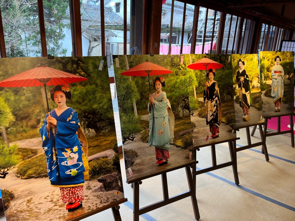 祇園花街藝術資料館館內展區，展示舞妓與藝妓所使用的髮飾、簪子與和服配件，呈現祇園花街的傳統工藝與文化細節。