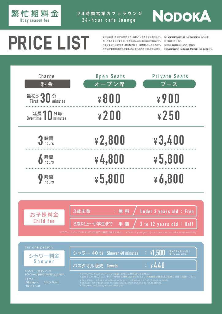 關西機場 NODOKA 價格表（旺季）